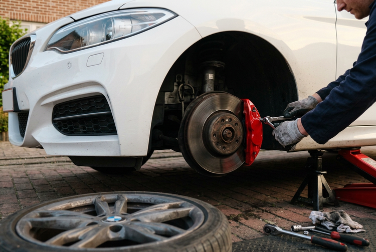 Close-up van remmenwerk aan een witte BMW bij Revline Garage